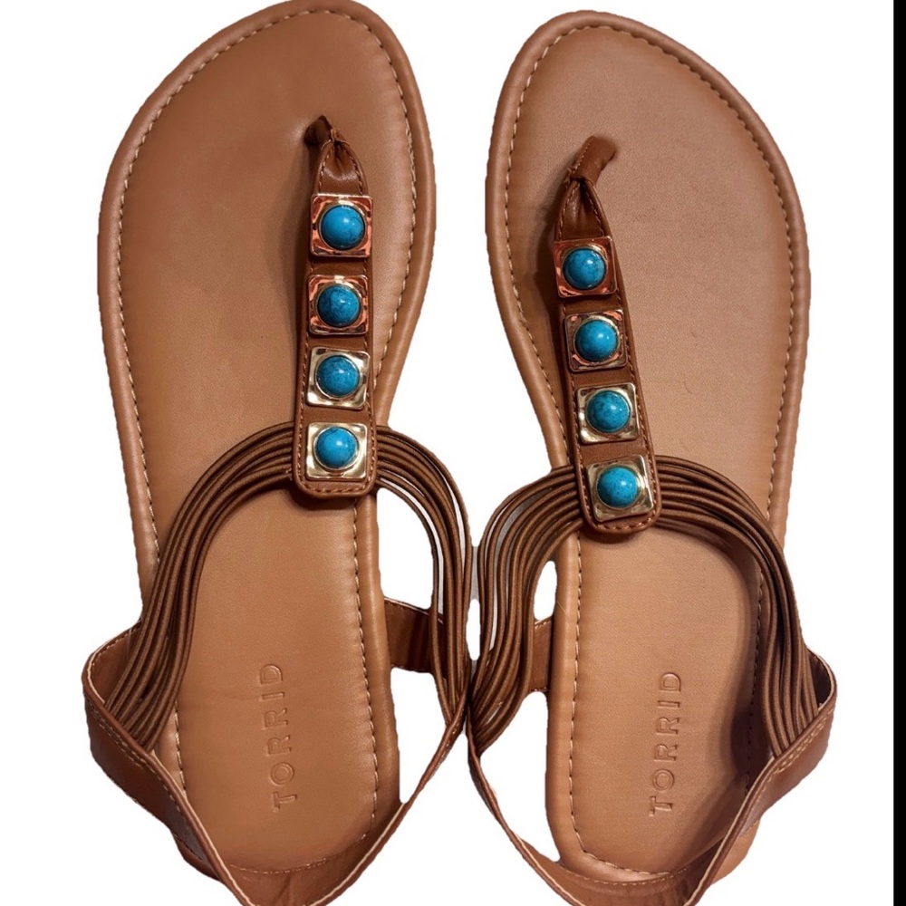Torrid Turquoise t-Strap Sandals Size 9.5ww NWT Boho Chic Southwestern Artisanal - Picture 2 of 6